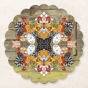 Rustic Wood Hand Drawn Funny Cartoon Chicken Art Kartonnen Onderzetters