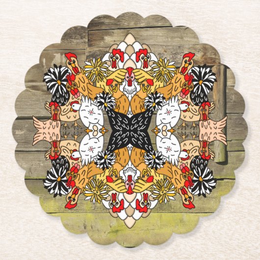 Rustic Wood Hand Drawn Funny Cartoon Chicken Art Kartonnen Onderzetters (Voorkant)