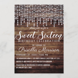 Rustic Wood Hanging Diamond Lights Sweet 16 Kaart