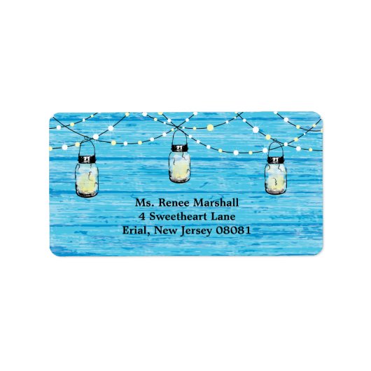 Rustic Wood Hanging Mason Jars en Lights Wedding Etiket (Voorkant)
