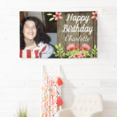 Rustic Wood Happy Birthday Foto Roze Flowers Spandoek (Insitu)