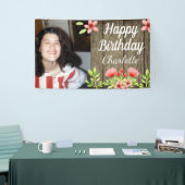 Rustic Wood Happy Birthday Foto Roze Flowers Spandoek (Beurs)