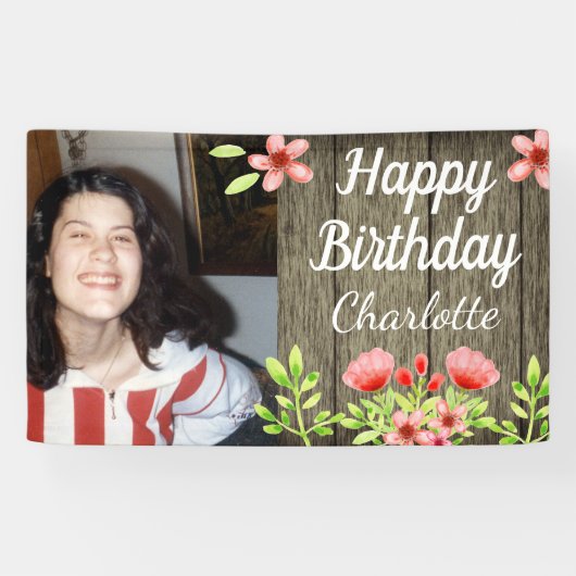 Rustic Wood Happy Birthday Foto Roze Flowers Spandoek (Horizontaal)