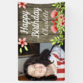 Rustic Wood Happy Birthday Foto Roze Flowers Spandoek (Verticaal)