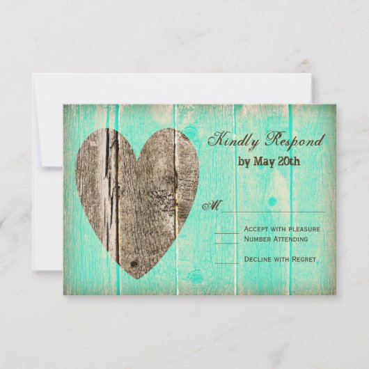 Rustic Wood Heart Aqua Country Weddenschap RSVP-ka RSVP Kaartje (Voorkant)
