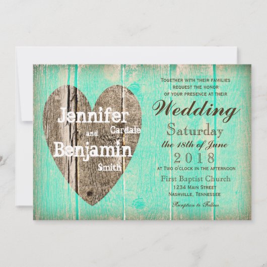 Rustic Wood Heart Aqua Country Wedding Invitations Kaart (Voorkant)