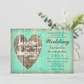 Rustic Wood Heart Aqua Country Wedding Invitations Kaart (Staand voorkant)