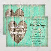 Rustic Wood Heart Aqua Country Wedding Invitations Kaart (Voorkant / Achterkant)