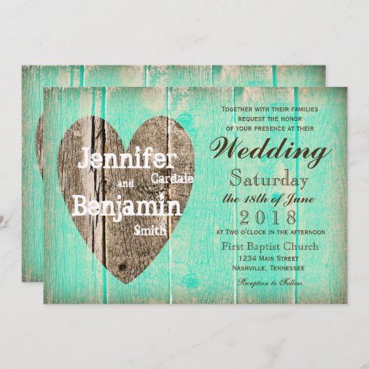 Rustic Wood Heart Aqua Country Wedding Invitations Kaart (Voorkant / Achterkant)
