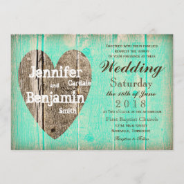 Rustic Wood Heart Aqua Country Wedding Invitations Kaart