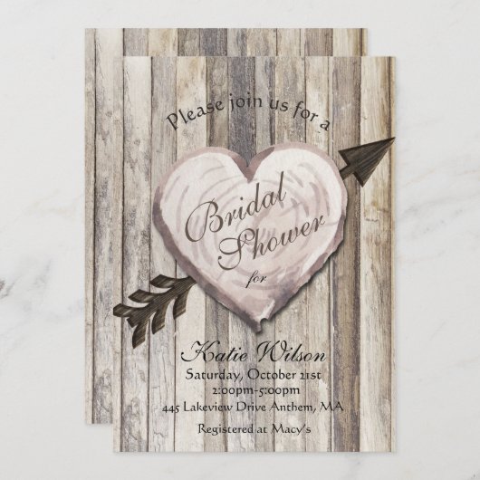 Rustic Wood Heart Bridal Shower Kaart (Voorkant / Achterkant)