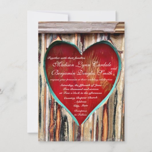 Rustic Wood Heart Country Wedding Invitations Kaart (Voorkant)