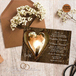 Rustic Wood Heart Photo Wedding Kaart