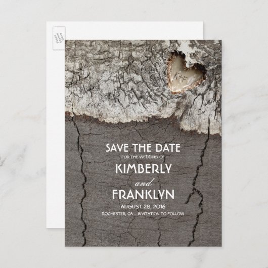 Rustic Wood Heart Tree Bark Save the Date Aankondigingskaart (Voorkant / Achterkant)