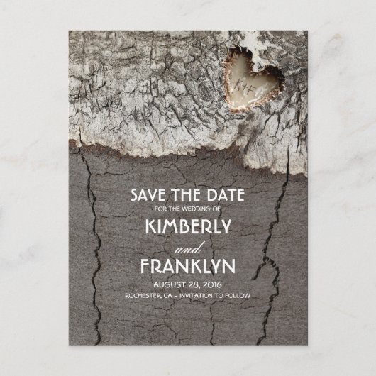 Rustic Wood Heart Tree Bark Save the Date Aankondigingskaart (Voorkant)