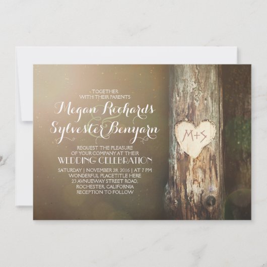 Rustic Wood Heart Tree Country Wedding Uitnodiging (Voorkant)