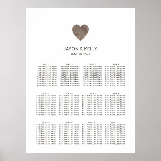 Rustic Wood Heart Wedding Seating Chart Poster (Voorkant)
