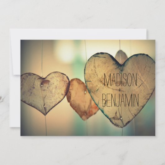 Rustic Wood Hearts Country Wedding Invitation Kaart (Voorkant)
