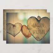 Rustic Wood Hearts Country Wedding Invitation Kaart (Voorkant / Achterkant)