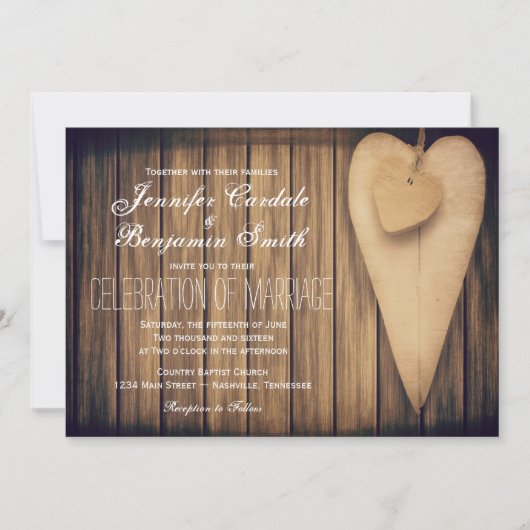 Rustic Wood Hearts Country Wedding Invitation Kaart (Voorkant)