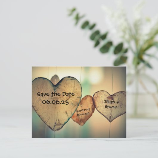 Rustic Wood Hearts - Save the Date Post Kaart (Staand voorkant)