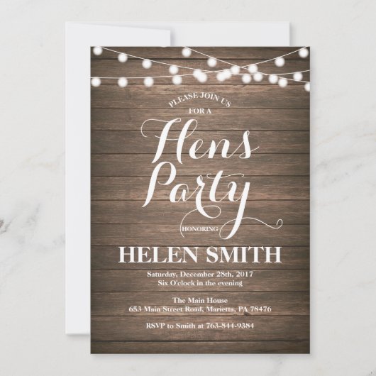 Rustic Wood Hens Party Invitation Card Kaart (Voorkant)