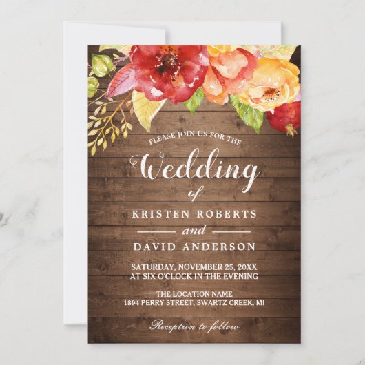 Rustic Wood herfst Gold Red Floral Fall Wedding Kaart (Voorkant)