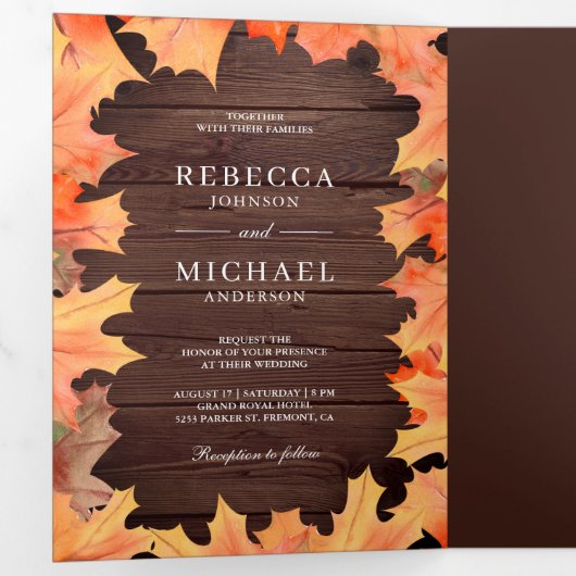 Rustic Wood Herfst herfst Maple Leaves Photo Weddi Drieluik Uitnodiging (Binnenzijde eerst)