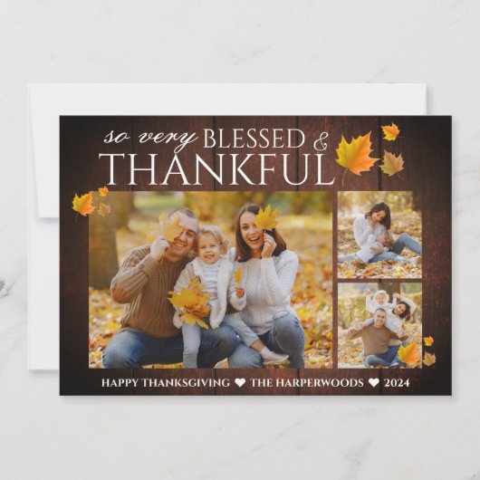 Rustic Wood Herfst Thanksgiving familie 3 foto Feestdagenkaart (Voorkant)
