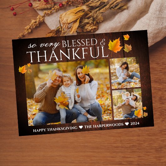 Rustic Wood Herfst Thanksgiving familie 3 foto Feestdagenkaart