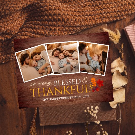 Rustic Wood Herfst Thanksgiving familie Drie foto Feestdagenkaart