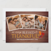 Rustic Wood Herfst Thanksgiving familie Drie foto Feestdagenkaart (Voorkant)