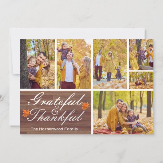 Rustic Wood Herfst Thanksgiving familie foto colla Feestdagenkaart (Voorkant)