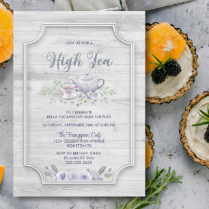 Rustic Wood High Tea Baby shower Kaart