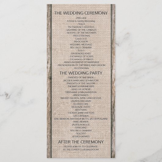 Rustic Wood Hoefijzers Burlap Wedding Programme Programmakaart (Achterkant)