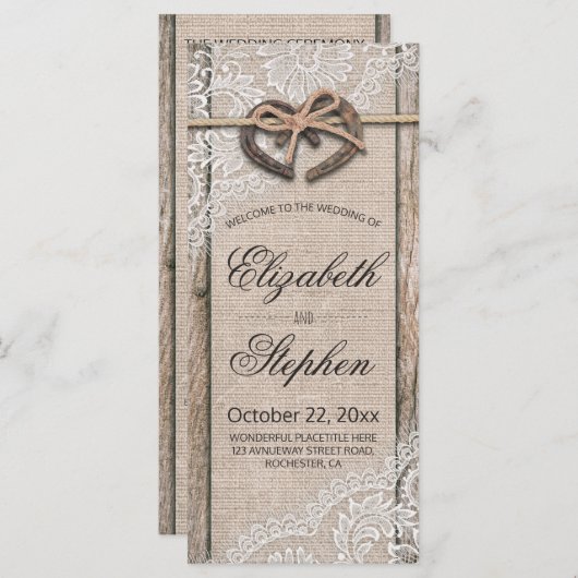 Rustic Wood Hoefijzers Burlap Wedding Programme Programmakaart (Voorkant / Achterkant)