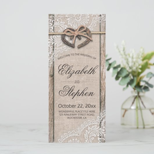 Rustic Wood Hoefijzers Burlap Wedding Programme Programmakaart (Staand voorkant)