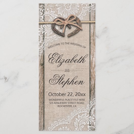 Rustic Wood Hoefijzers Burlap Wedding Programme Programmakaart (Voorkant)