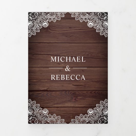 Rustic Wood Hoefijzers Lace Wedding Foto Drieluik Uitnodiging (Cover)