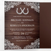 Rustic Wood Hoefijzers Lace Wedding Foto Drieluik Uitnodiging (Binnenzijde eerst)