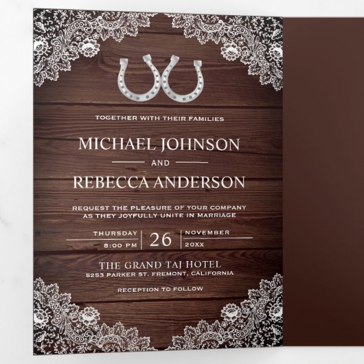 Rustic Wood Hoefijzers Lace Wedding Foto Drieluik Uitnodiging (Binnenzijde eerst)