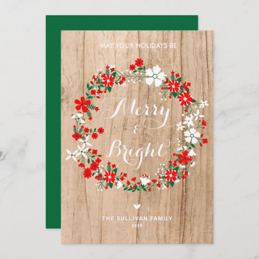 Rustic Wood Holiday Floral Wreate kerstKaart (Voorkant / Achterkant)