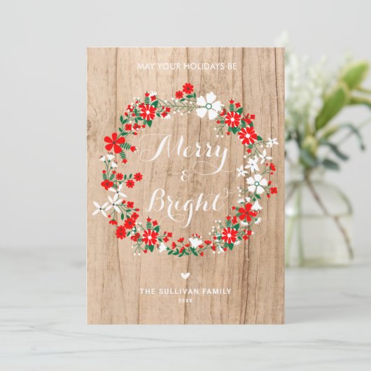 Rustic Wood Holiday Floral Wreate kerstKaart (Staand voorkant)