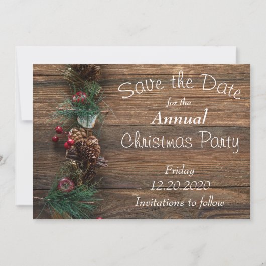 Rustic Wood Holiday Party-kaart Save The Date (Voorkant)