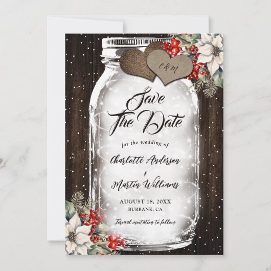 Rustic Wood Holly Berries Mason Jar Winter Wedding Save The Date (Voorkant)