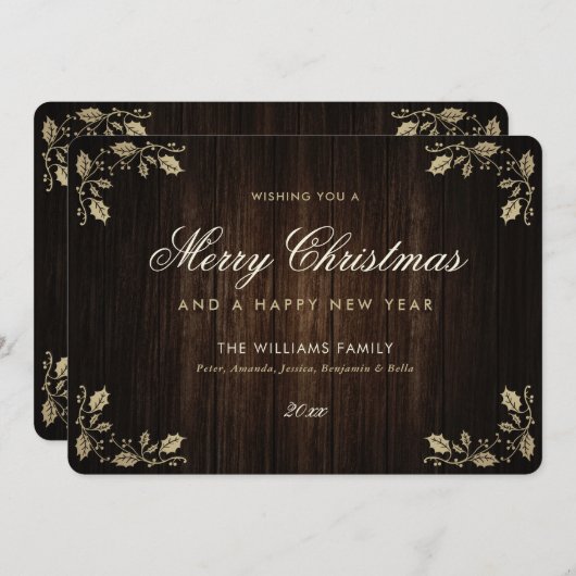 Rustic Wood Holly Gelukkig Nieuwjaar met vrolijk k Feestdagenkaart (Voorkant / Achterkant)