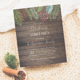 Rustic Wood Holly & Pine Holiday Party Invitation Briefkaart