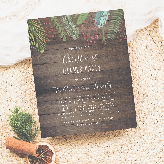 Rustic Wood Holly & Pine Holiday Party Invitation Briefkaart