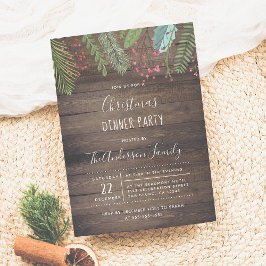 Rustic Wood Holly & Pine Holiday Party Invitation Kaart