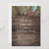 Rustic Wood Holly & Pine Holiday Party Invitation Kaart (Voorkant)